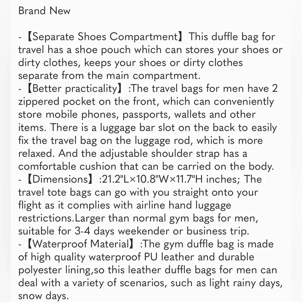 New Large Overnight Travel Duffle Tote Bags, Brown